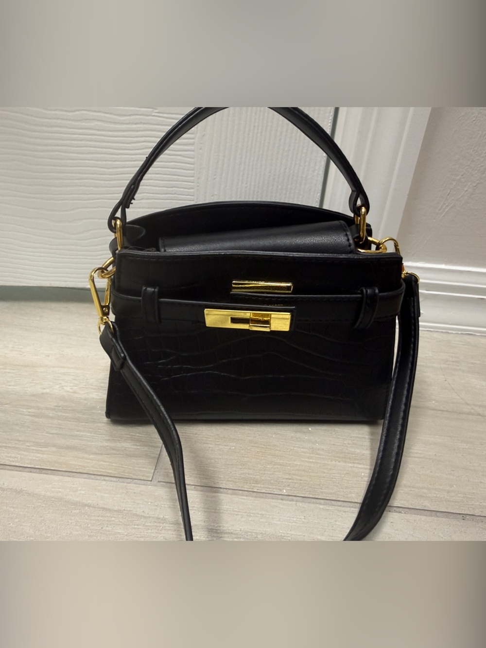 Black Croc-Embossed Crossbody Bag with Gold Hardware